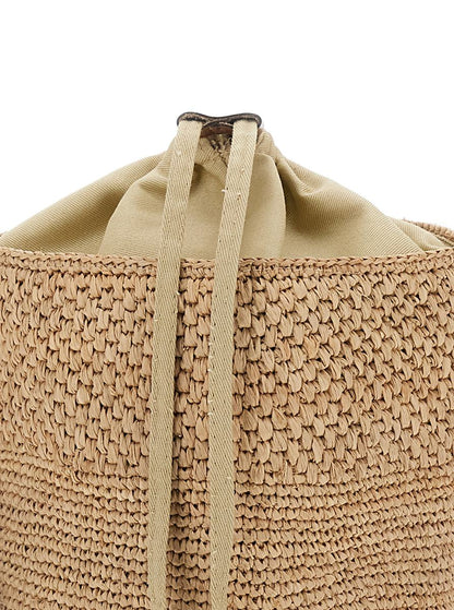 Beigefarbene Eimertasche „Maika“ mit Verschluss oben und Kordelzug aus Bast für Damen