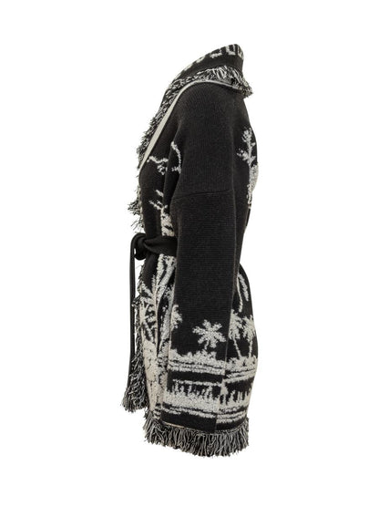 Alanui Alanui – Schwarze Strickjacke mit tropischem Muster und Fransen