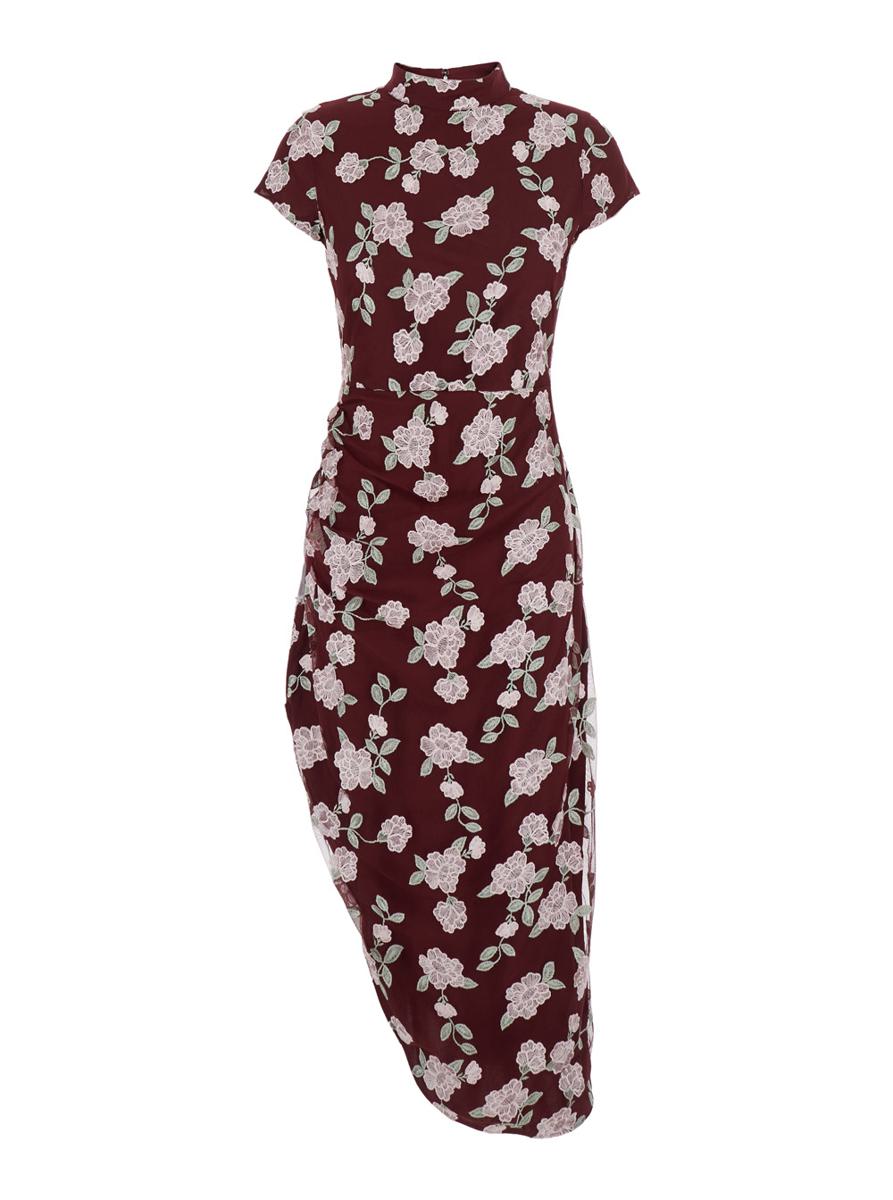 Bordeauxfarbenes Kleid mit Blumenstickerei aus Stoff für Damen