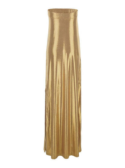 Metallic-Kleid mit schulterfreiem, ärmellosem Schnitt und seitlichem Maxi-Schlitz aus Stretch-Tech-Stoff für Damen