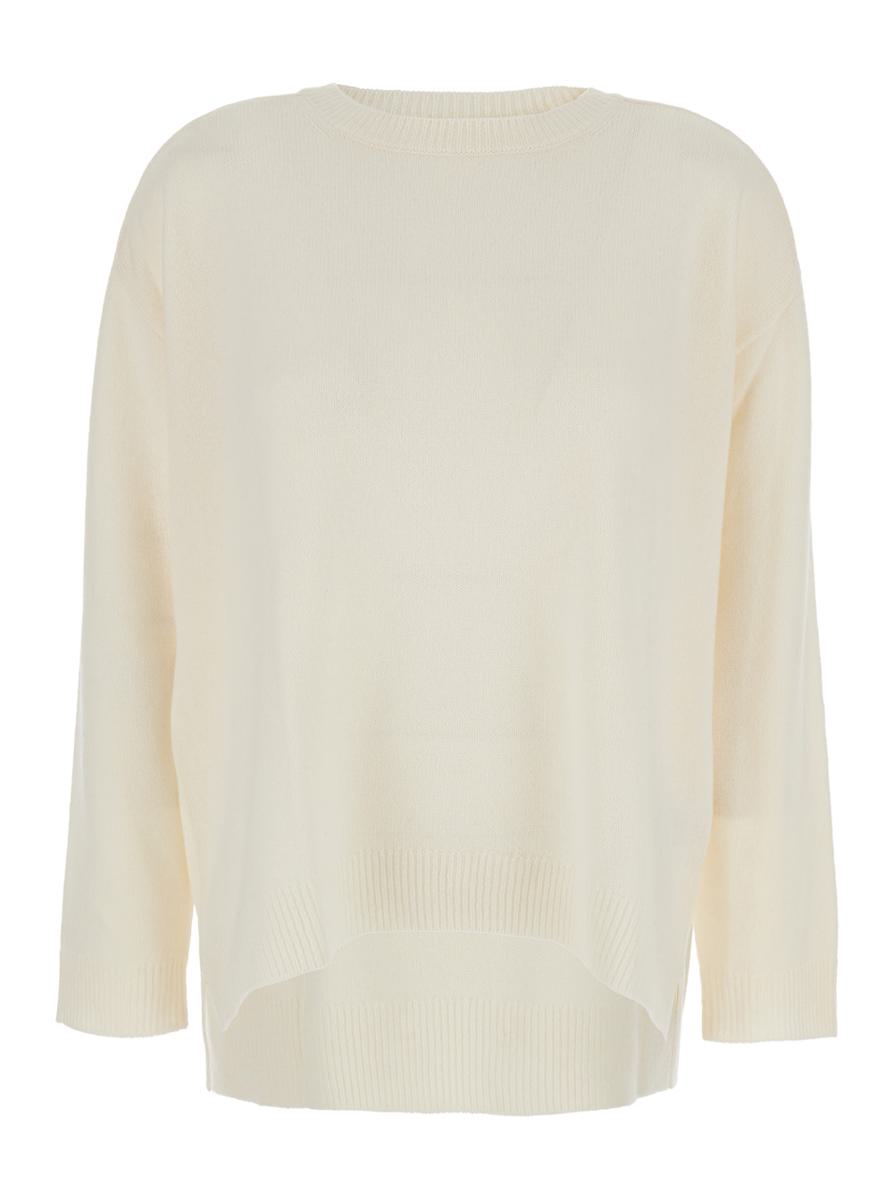 Weißer Pullover mit Rundhalsausschnitt und asymmetrischem Saum aus Wolle und Kaschmir für Damen