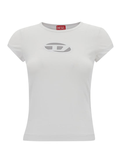 Weißes T-Shirt mit ovalem D-Ausschnitt aus Stretch-Baumwolle für Damen
