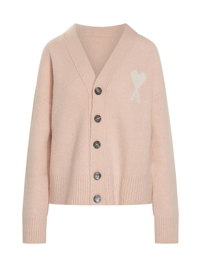 AMI Paris – Rosa Strickjacke mit kontrastierendem Logo von Ami Paris