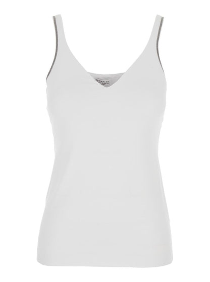 Weißes ärmelloses Top mit V-Ausschnitt und Monil-Detail an den Schulterträgern aus Baumwollstretch für Damen