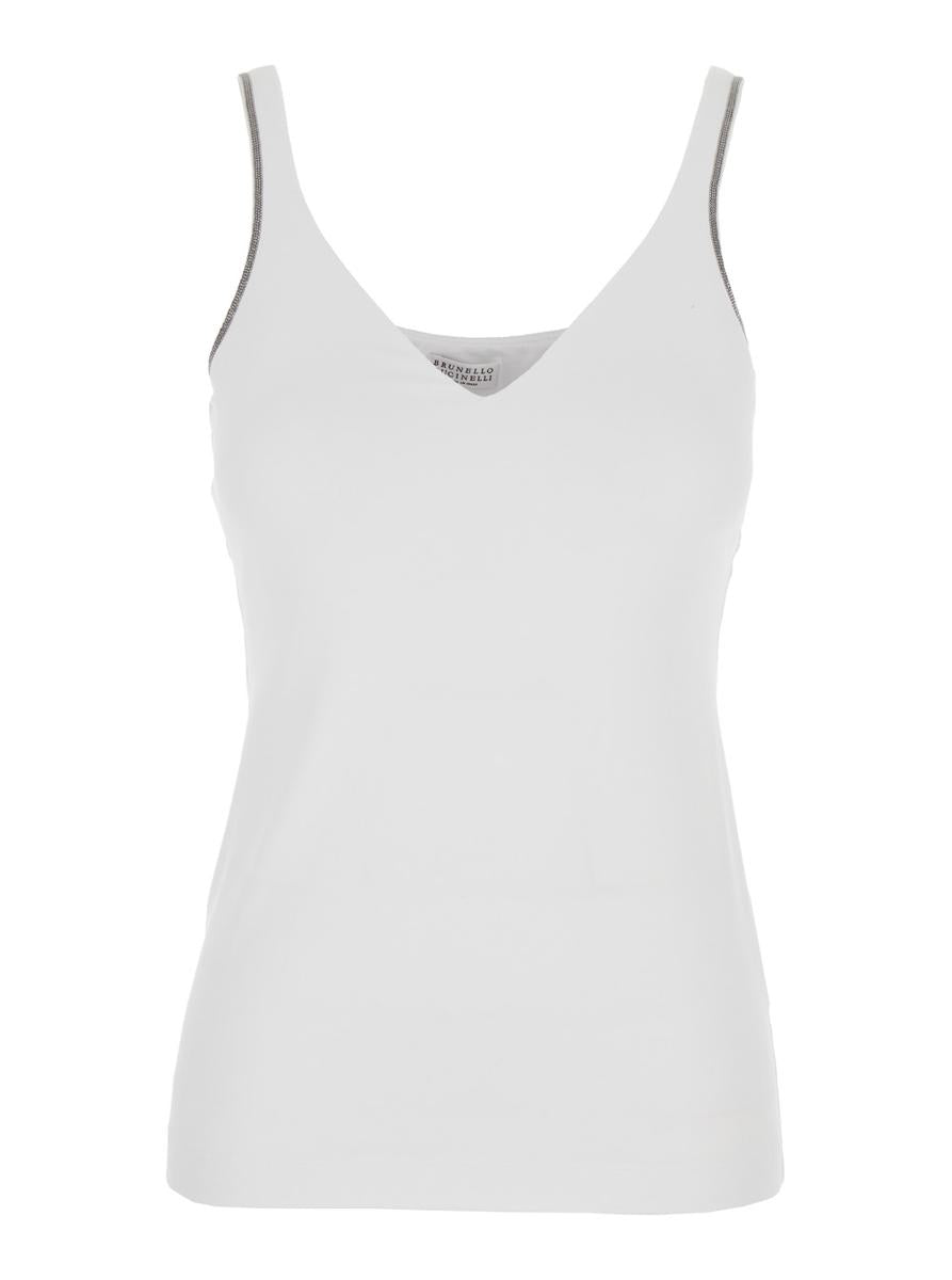 Weißes ärmelloses Top mit V-Ausschnitt und Monil-Detail an den Schulterträgern aus Baumwollstretch für Damen