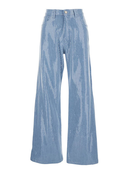 Hellblaue Five-Pocket-Jeans mit Allover-Pailletten aus Stoff für Damen