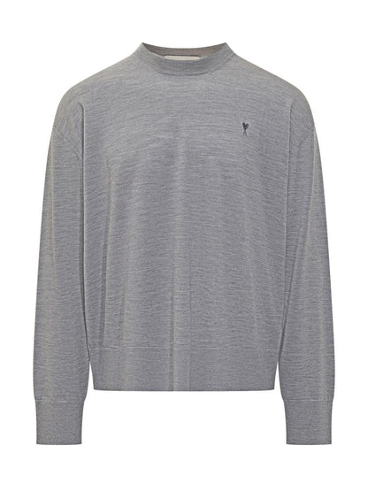 AMI Paris Grauer Wollpullover mit Rundhalsausschnitt Ami Alexandre Mattiussi