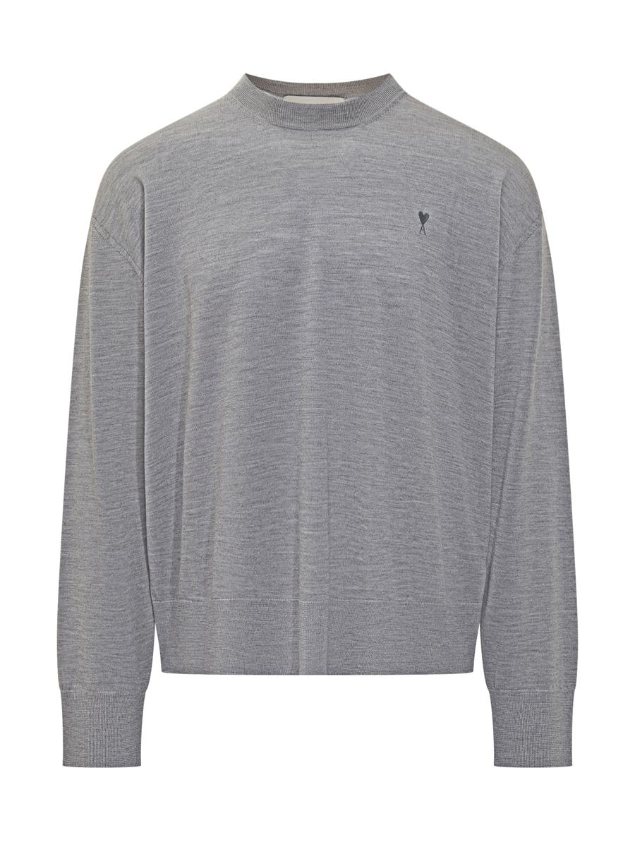 AMI Paris Grauer Wollpullover mit Rundhalsausschnitt Ami Alexandre Mattiussi