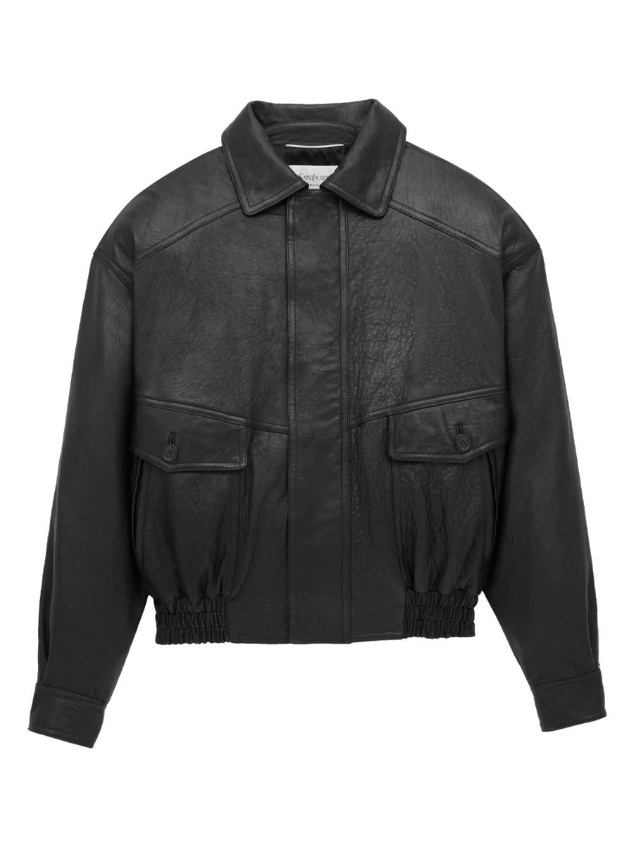 Saint Laurent Bomberjacke aus genarbtem Lammleder mit Reißverschluss