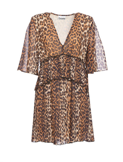 Ganni – Plissiertes Georgette-Minikleid mit Volant und V-Ausschnitt