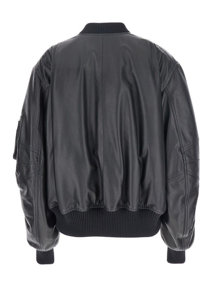 Schwarze Bomberjacke mit Reißverschluss aus Leder für Damen