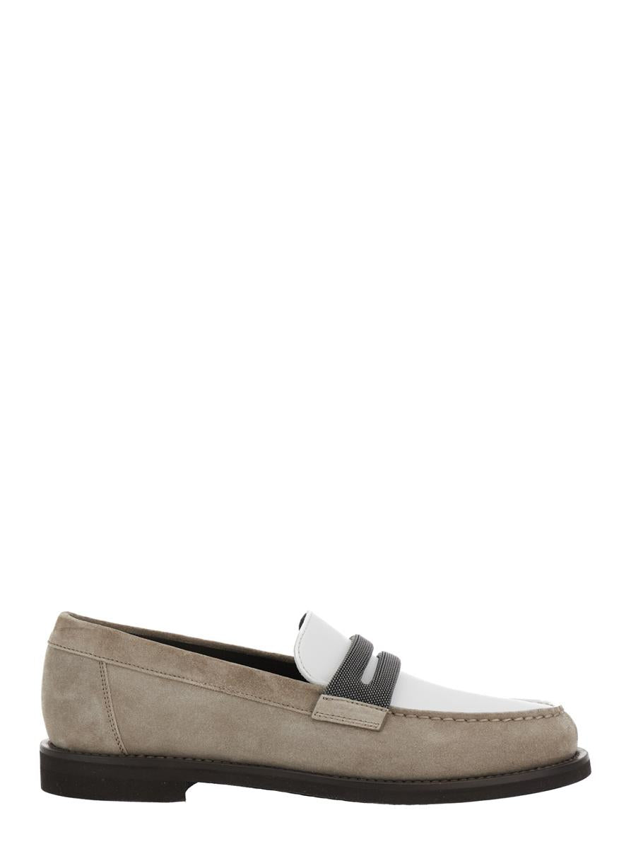 Beige Loafer mit Monile-Detail und Kette aus Wildleder für Damen