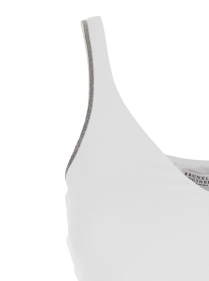 Weißes ärmelloses Top mit V-Ausschnitt und Monil-Detail an den Schulterträgern aus Baumwollstretch für Damen