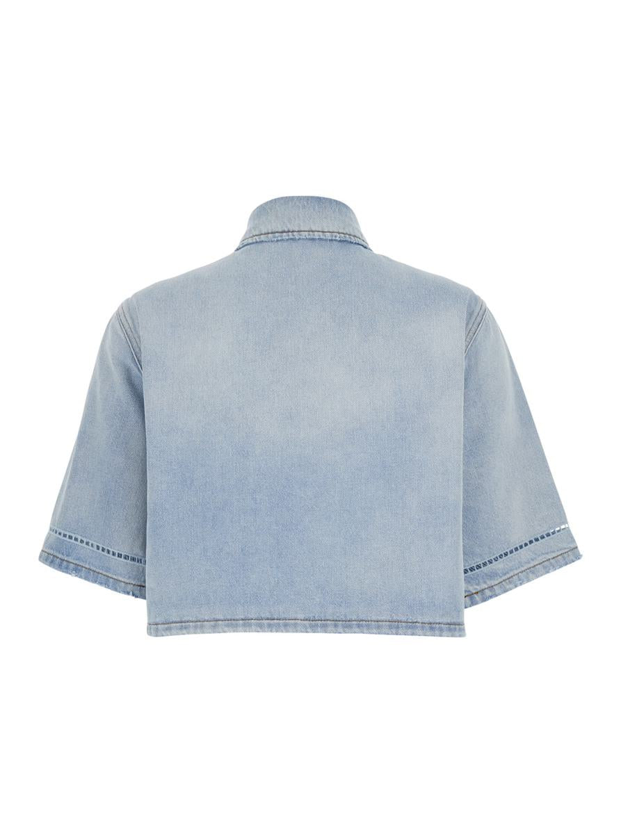 Hellblaues Crop-Shirt mit Logo auf der Vorderseite und perforierten Details aus Denim für Damen