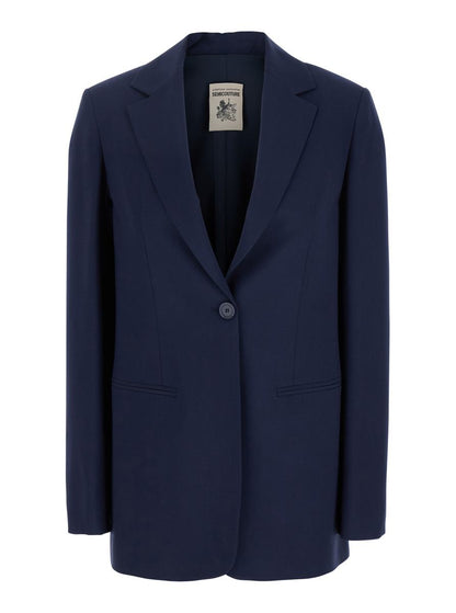 Blaue Einreiherjacke mit klassischem Revers aus technischem Stoff für Damen