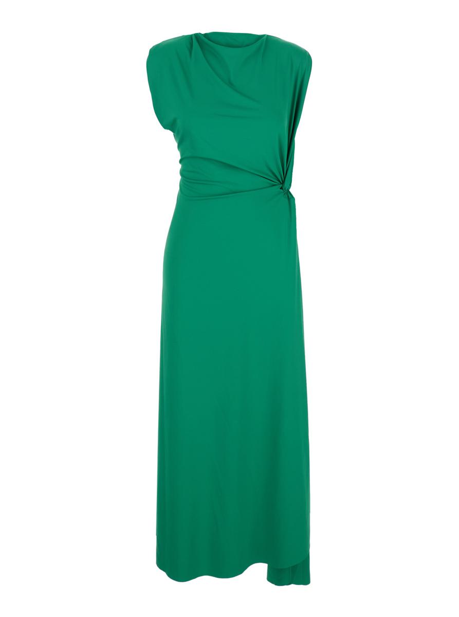 Grünes langes Kleid mit Plissee-Details aus technischem Stoff für Damen