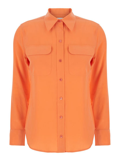 Orangefarbenes Seidenhemd „Signature“ mit spitzem Kragen für Damen