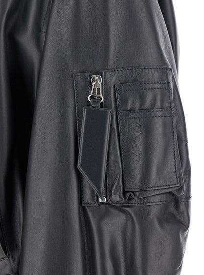 Schwarze Bomberjacke mit Reißverschluss aus Leder für Damen
