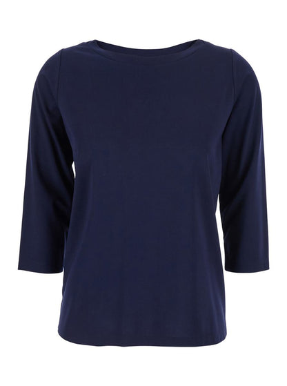 Blaues T-Shirt mit Rundhalsausschnitt und Dreiviertelärmeln aus Stoff für Damen