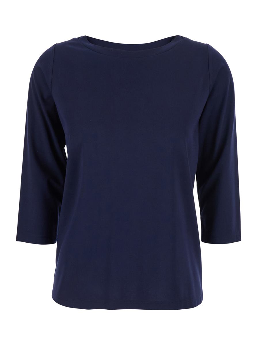 Blaues T-Shirt mit Rundhalsausschnitt und Dreiviertelärmeln aus Stoff für Damen
