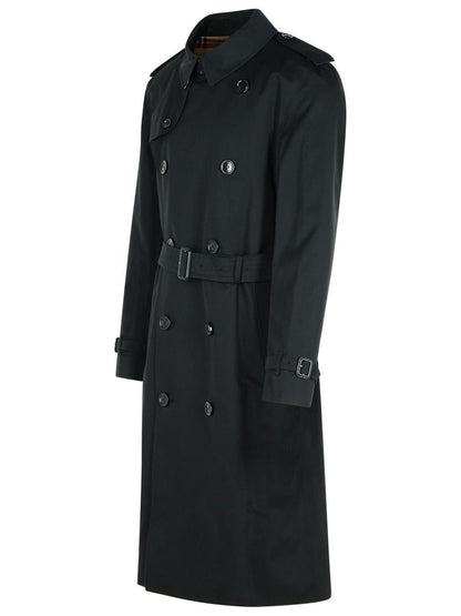 Burberry – Langer schwarzer Trenchcoat „Kensington“ aus Baumwolle
