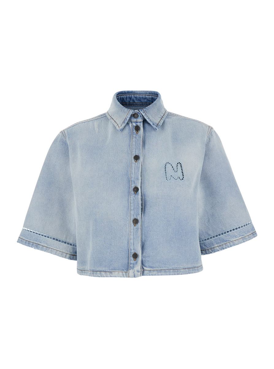 Hellblaues Crop-Shirt mit Logo auf der Vorderseite und perforierten Details aus Denim für Damen