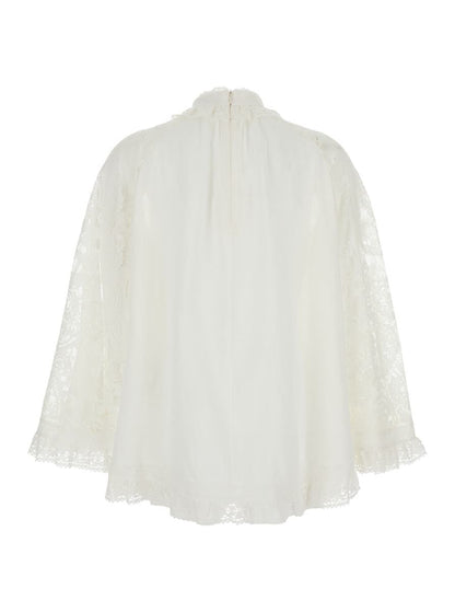 Weiße Bluse „Ascension“ mit Spitzeneinsätzen und Muschelsaum aus Ramie für Damen
