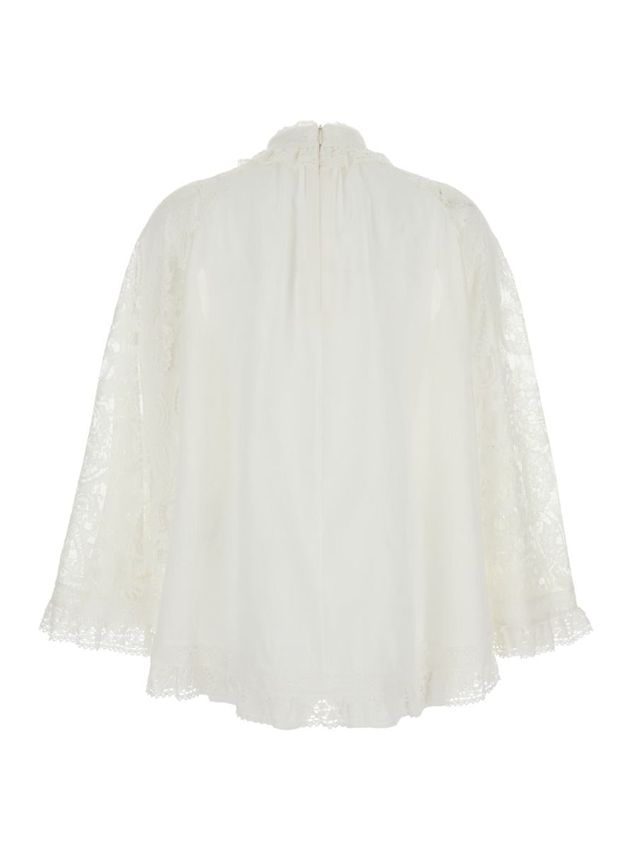 Weiße Bluse „Ascension“ mit Spitzeneinsätzen und Muschelsaum aus Ramie für Damen