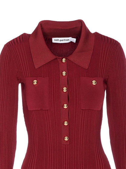Self-Portrait Burgundy Ribbed Knit Midi Dress Kleidung