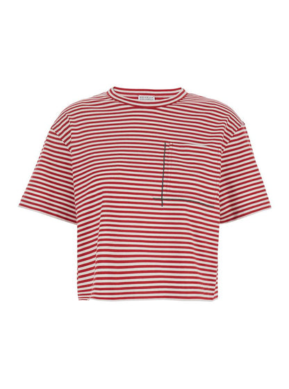 Rotes T-Shirt mit Rundhalsausschnitt, durchgehendem Streifenmotiv und Schmuckdetail auf der Vorderseite aus Baumwolle für Damen