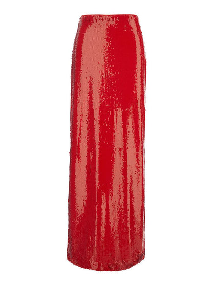 Roter Paillettenrock mit einzelnem Schlitz hinten aus technischem Stoff für Damen