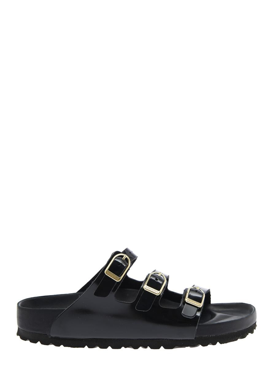 Schwarze Sandalen „Florida“ mit verstellbarem Schnallenverschluss und drei Riemen aus Leder für Damen