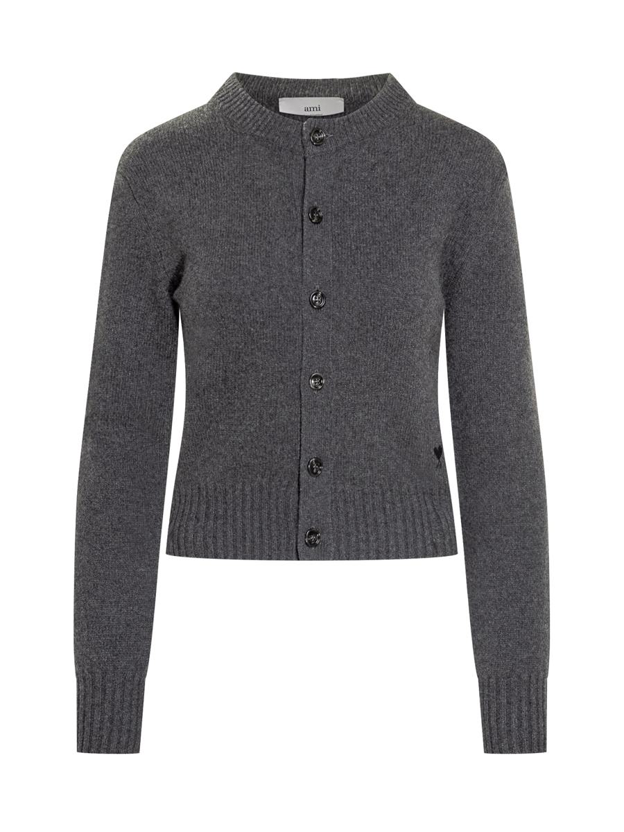 AMI Paris – Graue Strickjacke mit Knöpfen und Logo von Ami Paris