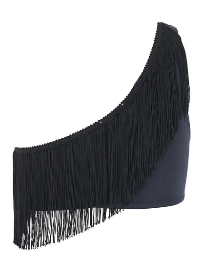 Schwarzes One-Shoulder-Top mit Fransenverzierungen aus technischem Stretchgewebe für Damen