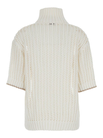 Weißer Pullover mit hohem Kragen und perforiertem Design aus Baumwolle für Damen
