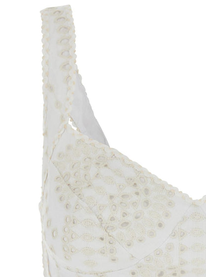Weißes Top „Goldie“ mit V-Ausschnitt vorne und perforiertem Design aus Baumwoll-Leinen-Mischgewebe für Damen