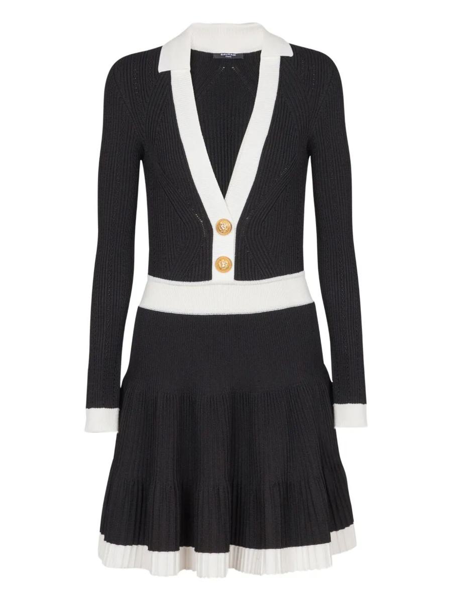 Balmain Langärmliges, ausgestelltes Strickkleid mit V-Ausschnitt