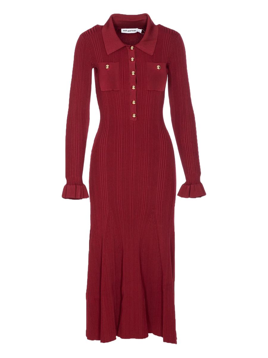 Self-Portrait Burgundy Ribbed Knit Midi Dress Kleidung