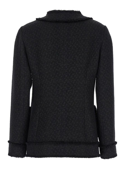 Schwarze einreihige Jacke mit Markenknopf aus Tweed für Damen