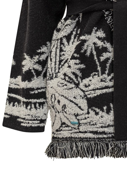 Alanui Alanui – Schwarze Strickjacke mit tropischem Muster und Fransen