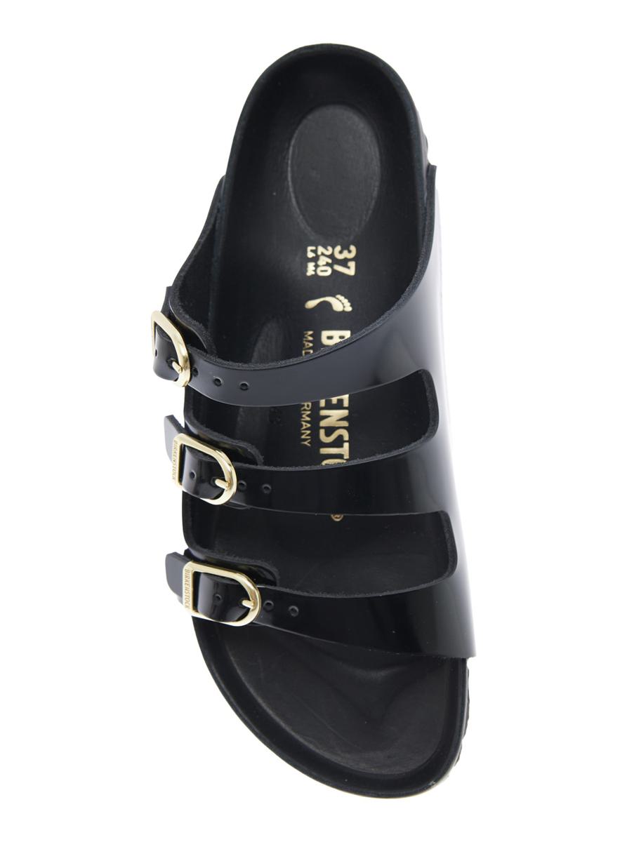 Schwarze Sandalen „Florida“ mit verstellbarem Schnallenverschluss und drei Riemen aus Leder für Damen