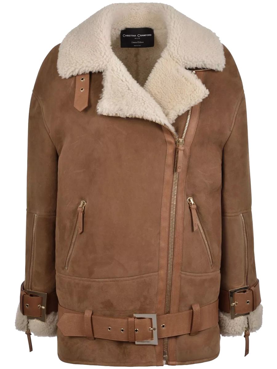Christina Crawford – Shearling-Jacke mit Gürtel