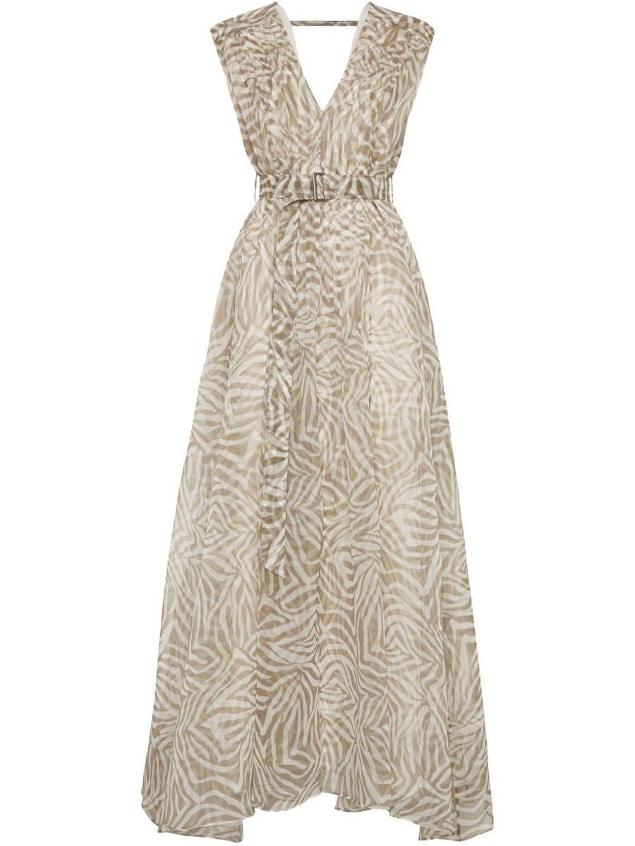 Brunello Cucinelli Langes Kleid aus Organza-Seide mit Ethno-Print