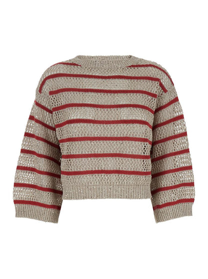 Beigefarbener Pullover „Dazzling Striped“ mit Streifenmotiv und Lochmuster aus Leinen für Damen