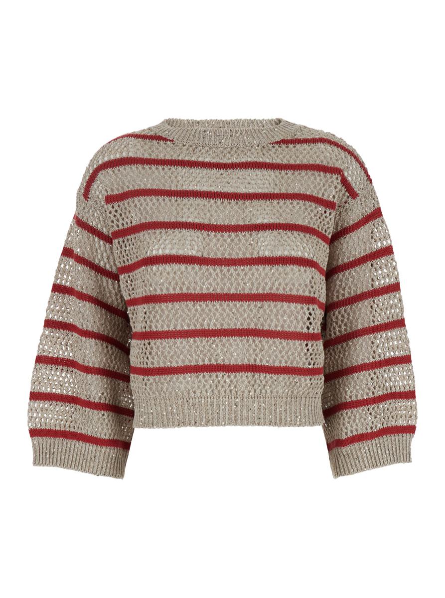 Beigefarbener Pullover „Dazzling Striped“ mit Streifenmotiv und Lochmuster aus Leinen für Damen
