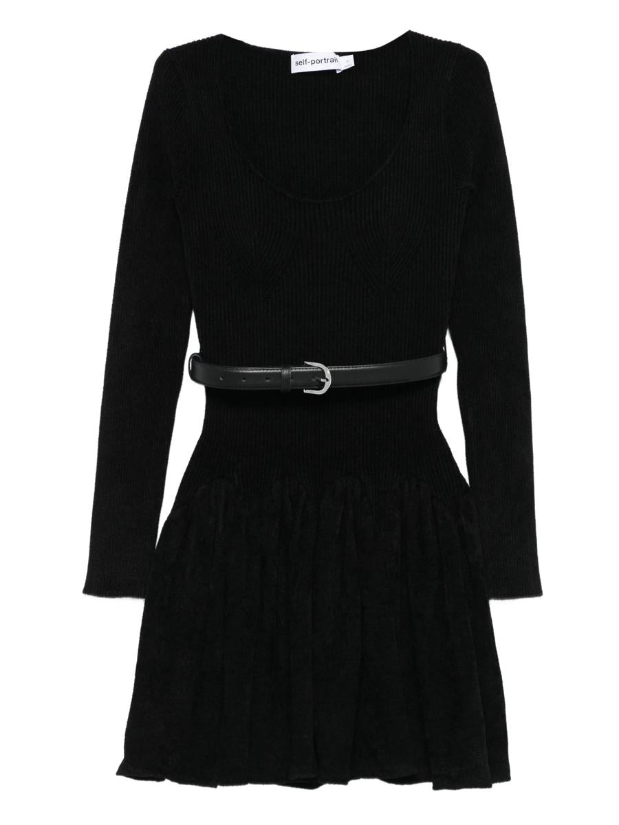 Self-Portrait – Schwarzes Minikleid aus Chenille-Strick