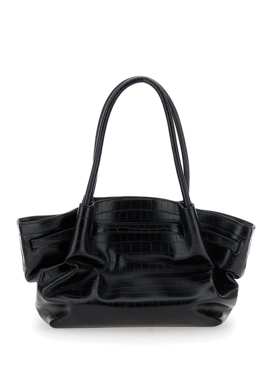 Schwarze Handtasche „Hana“ mit Logo-Plakette auf der Vorderseite und geprägtem Krokodileffekt aus Ökoleder für Damen