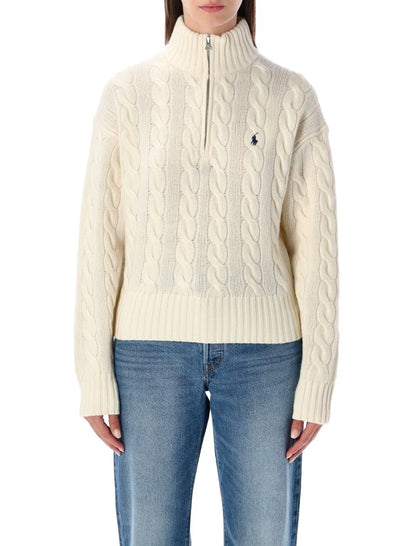 Polo Ralph Lauren – Zopfmusterpullover aus Wolle und Kaschmir mit halbem Reißverschluss