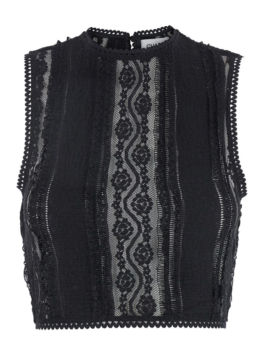 Schwarzes Top „Asteria“ mit Stickereidetails und halbtransparentem Design aus einer Mischung aus Baumwolle und technischem Stoff. Damen