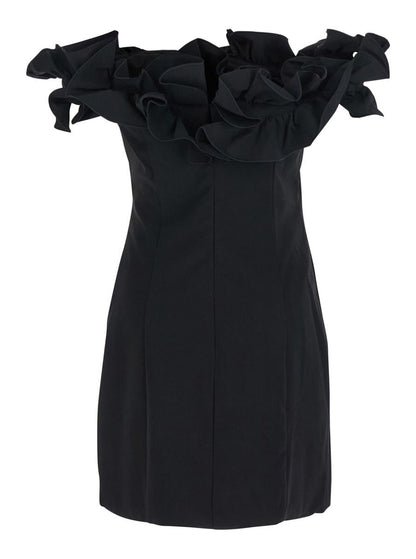 Schwarzes Kleid mit Rüschenverzierungen und Rüschendetails aus technischem Stoff für Damen